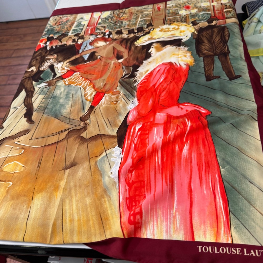 Toulouse-Lautrec Scarf Women Burgundy Art Print Moulin Rouge Silk Feel